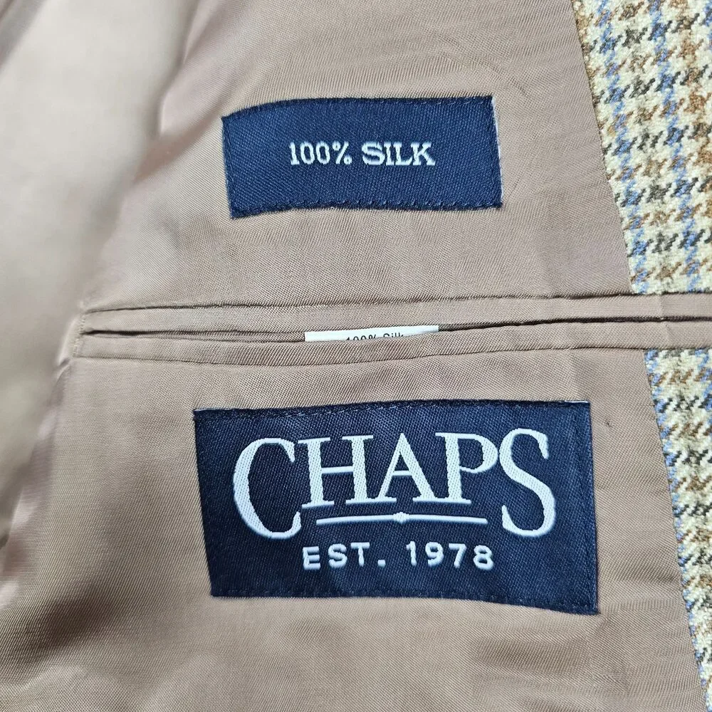 Chaps Sport Coat Blazer Mens 44S Beige Tan Beige Silk Houndstooth Two Button